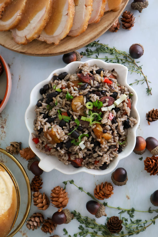 Arroz con Frijoles Negros, Chorizo y Platano